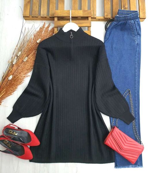 ELOW BALON KOL YARIM FERMUARLI TRİKO TUNİK B7-2-8111-01-SİYAH - 1