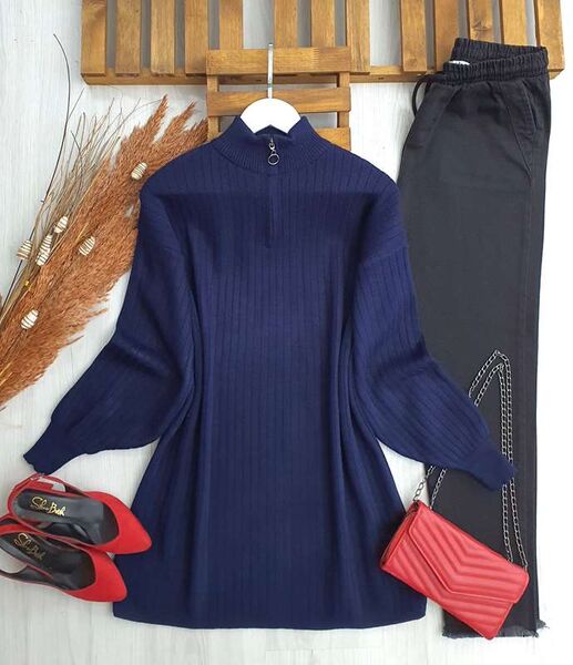 ELOW BALON KOL YARIM FERMUARLI TRİKO TUNİK B7-2-8111-12-LACİVERT - 1