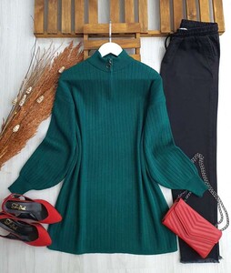 ELOW BALON KOL YARIM FERMUARLI TRİKO TUNİK B7-2-8111-27-ZÜMRÜT - 