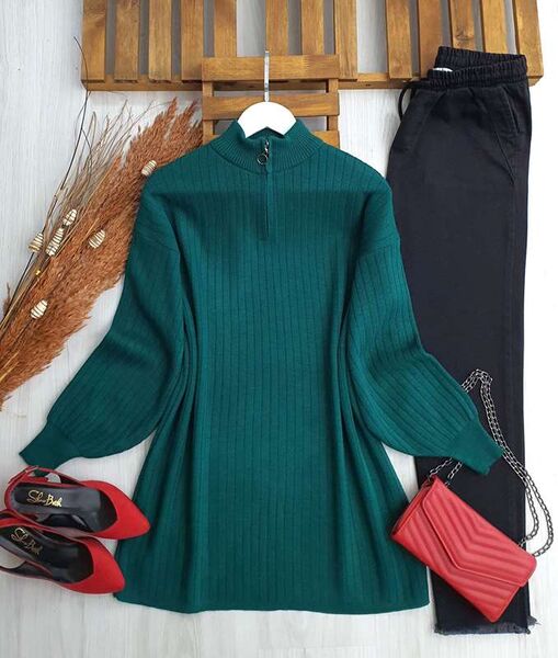 ELOW BALON KOL YARIM FERMUARLI TRİKO TUNİK B7-2-8111-27-ZÜMRÜT - 1