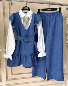 ELS KEMERLİ OMUZ FIRFIRLI KETEN ÜÇLÜ TAKIM B11-1-1524-11-İNDİGO - 1