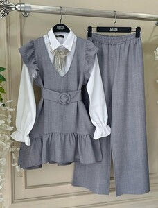 ELS KEMERLİ OMUZ FIRFIRLI KETEN ÜÇLÜ TAKIM B11-1-1524-26-GRİ - 1