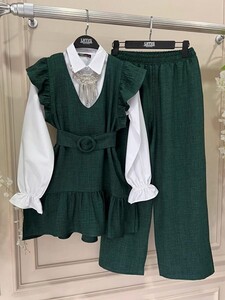 ELS KEMERLİ OMUZ FIRFIRLI KETEN ÜÇLÜ TAKIM B11-1-1524-27-ZÜMRÜT - 1