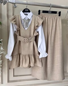 ELS KEMERLİ OMUZ FIRFIRLI KETEN ÜÇLÜ TAKIM B11-1-1524-34-BEJ - 1