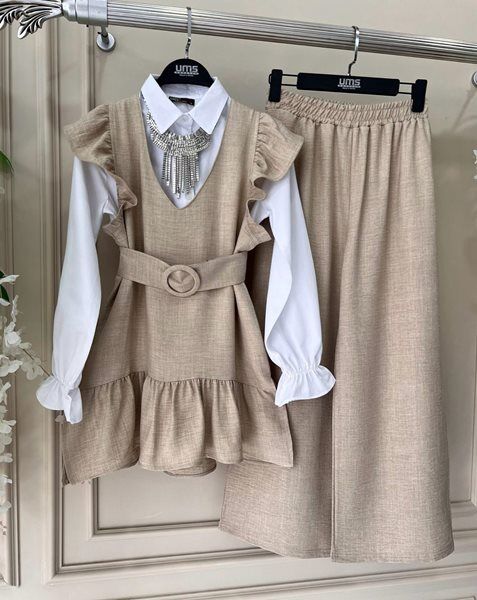 ELS KEMERLİ OMUZ FIRFIRLI KETEN ÜÇLÜ TAKIM B11-1-1524-34-BEJ - 1