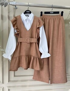 ELS KEMERLİ OMUZ FIRFIRLI KETEN ÜÇLÜ TAKIM B11-1-1524-48-BİSKÜVİ - 