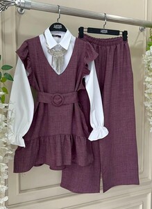 ELS KEMERLİ OMUZ FIRFIRLI KETEN ÜÇLÜ TAKIM B11-1-1524-61-ROSE - 