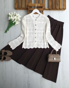 ELSE ÇEŞİTLİ ÖRGÜLÜ DOKUMA HIRKA 8208-50-KEMİK - 1