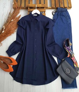 ELZA OMUZ PELERİN KETEN GÖMLEK TUNİK B5-4-5444-12-LACİVERT - 