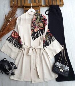 EMCA DESENLİ PÜSKÜLLÜ KİMONO B5-5-23287-34-BEJ - 