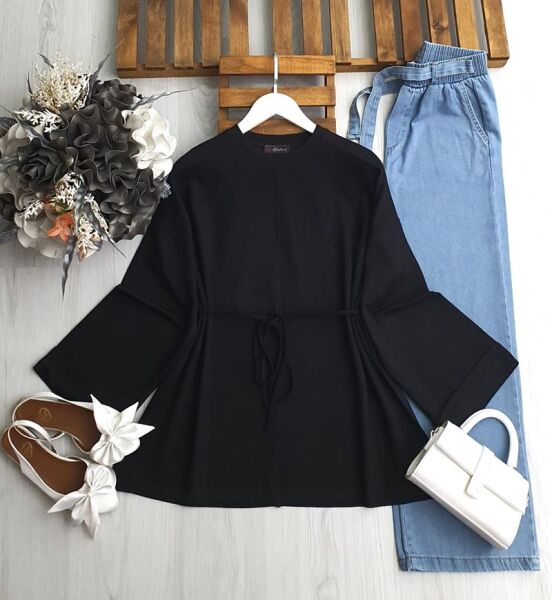 ENFA BELİ İPLİ KIVRIK KOL SALAŞ TUNİK B1-2-5614-01-SİYAH - 1