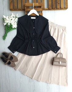 ESA BELİ LASTİKLİ VE BAĞCIKLI UZUN YAKA GÖMLEK B4-3-5699-01-SİYAH - 1