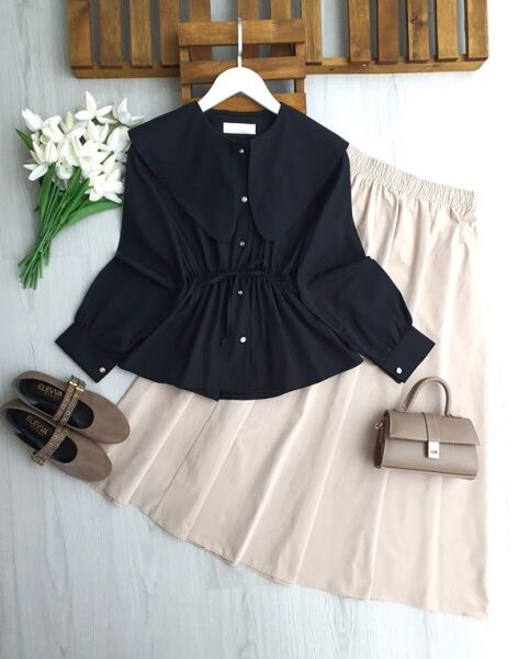 ESA BELİ LASTİKLİ VE BAĞCIKLI UZUN YAKA GÖMLEK B4-3-5699-01-SİYAH - 1