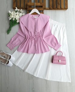 ESA BELİ LASTİKLİ VE BAĞCIKLI UZUN YAKA GÖMLEK B4-3-5699-05-PUDRA 