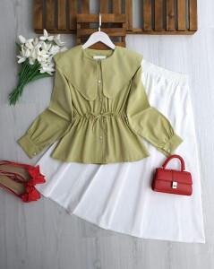 ESA BELİ LASTİKLİ VE BAĞCIKLI UZUN YAKA GÖMLEK B4-3-5699-07-YEŞİL - 1