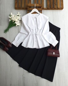 ESA BELİ LASTİKLİ VE BAĞCIKLI UZUN YAKA GÖMLEK B4-3-5699-20-BEYAZ 
