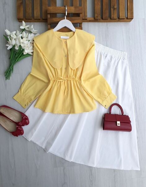 ESA BELİ LASTİKLİ VE BAĞCIKLI UZUN YAKA GÖMLEK B4-3-5699-23-SARI - 1