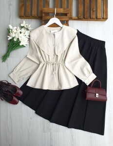 ESA BELİ LASTİKLİ VE BAĞCIKLI UZUN YAKA GÖMLEK B4-3-5699-34-BEJ - 1