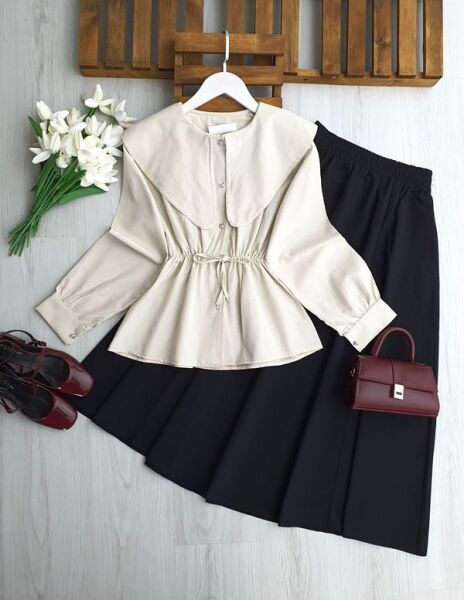 ESA BELİ LASTİKLİ VE BAĞCIKLI UZUN YAKA GÖMLEK B4-3-5699-34-BEJ - 1