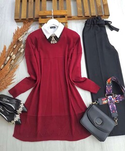ESEL ALTI DESENLİ TRİKO TUNİK 8048-04-BORDO - 