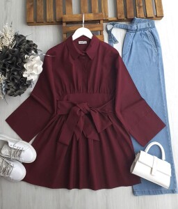 ESLİF BELİ DÜZ DİKİŞLİ KENDİNDEN KEMERLİ GÖMLEK TUNİK 5578-04-BORDO - 