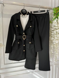 ESNO TOKALI KEMERLİ KIVRIK YAKA İKİLİ TAKIM B1-5-1665-01-SİYAH - 