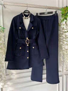 ESNO TOKALI KEMERLİ KIVRIK YAKA İKİLİ TAKIM B1-5-1665-12-LACİVERT - 