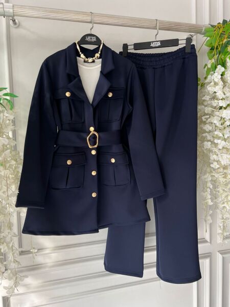 ESNO TOKALI KEMERLİ KIVRIK YAKA İKİLİ TAKIM B1-5-1665-12-LACİVERT - 1