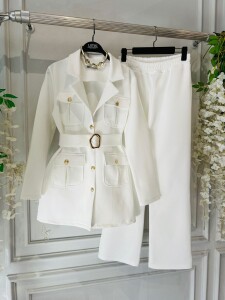 ESNO TOKALI KEMERLİ KIVRIK YAKA İKİLİ TAKIM B1-5-1665-20-BEYAZ - 