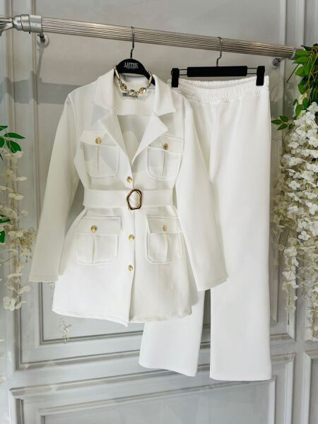 ESNO TOKALI KEMERLİ KIVRIK YAKA İKİLİ TAKIM B1-5-1665-20-BEYAZ - 1