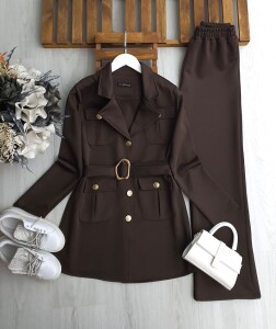 ESNO TOKALI KEMERLİ KIVRIK YAKA İKİLİ TAKIM 1665-37-KAHVE - 