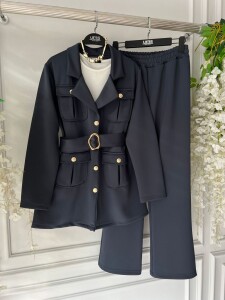 ESNO TOKALI KEMERLİ KIVRIK YAKA İKİLİ TAKIM B1-5-1665-58-FÜME - 