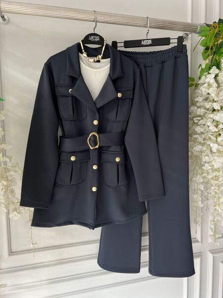 ESNO TOKALI KEMERLİ KIVRIK YAKA İKİLİ TAKIM B1-5-1665-58-FÜME - 1