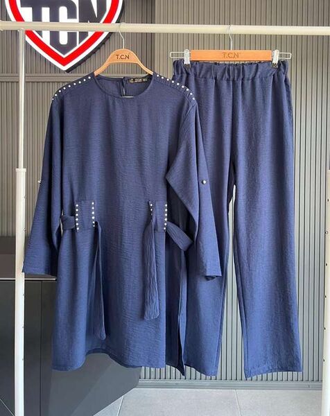 EVAS TAŞLI KEMERLİ KETEN İKİLİ TAKIM B8-3-1535-12-LACİVERT - 1