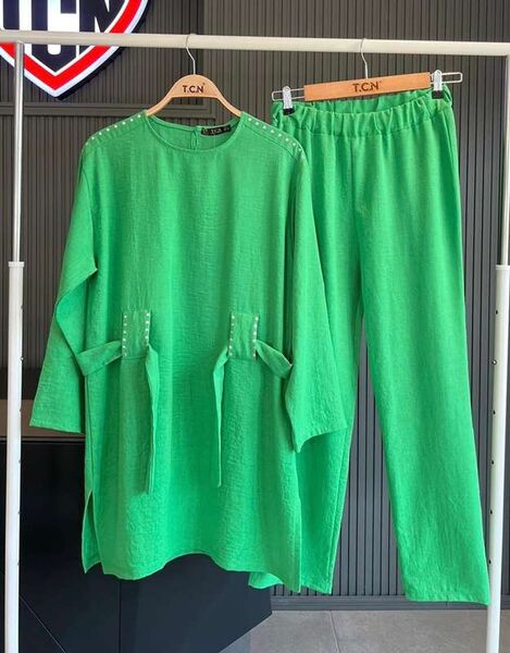 EVAS TAŞLI KEMERLİ KETEN İKİLİ TAKIM A1-5-1535-54-BENETTON - 1
