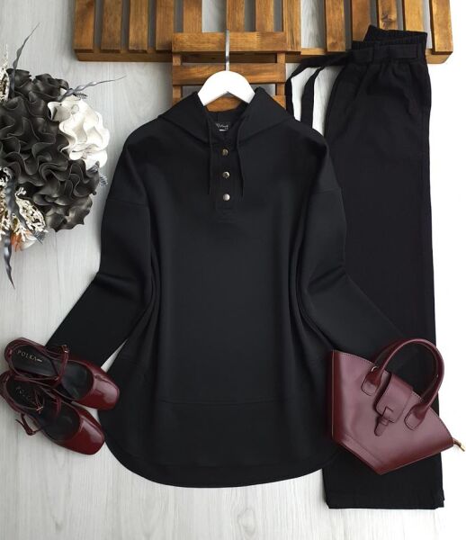 EVAY ÇITÇIT DÜĞMELİ KAPŞONLU RAHAT KALIP TUNİK A9-5-5625-01-SİYAH - 1