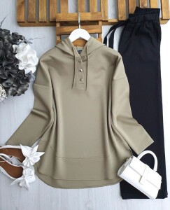 EVAY ÇITÇIT DÜĞMELİ KAPŞONLU RAHAT KALIP TUNİK A9-5-5625-07-YEŞİL - 