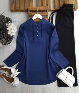 EVAY ÇITÇIT DÜĞMELİ KAPŞONLU RAHAT KALIP TUNİK A9-5-5625-12-LACİVERT - 