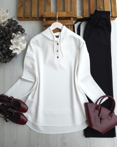 EVAY ÇITÇIT DÜĞMELİ KAPŞONLU RAHAT KALIP TUNİK A9-5-5625-20-BEYAZ - 