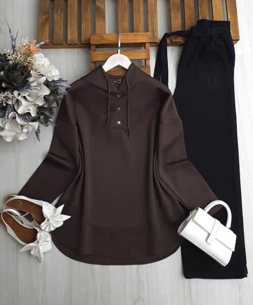 EVAY ÇITÇIT DÜĞMELİ KAPŞONLU RAHAT KALIP TUNİK B9-3-5625-37-KAHVE - 1