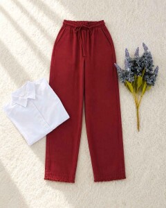 EVLE PAÇALARI PÜSKÜLLÜ BELİ LASTİKLİ BAĞCIKLI ORJİNAL KETEN PANTOLON B11-5-6065-04-BORDO - 