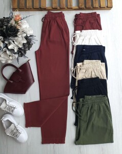 EVLE PAÇALARI PÜSKÜLLÜ BELİ LASTİKLİ BAĞCIKLI ORJİNAL KETEN PANTOLON A9-3-6065-04-BORDO - 1