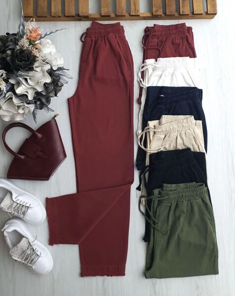 EVLE PAÇALARI PÜSKÜLLÜ BELİ LASTİKLİ BAĞCIKLI ORJİNAL KETEN PANTOLON A9-3-6065-04-BORDO - 1