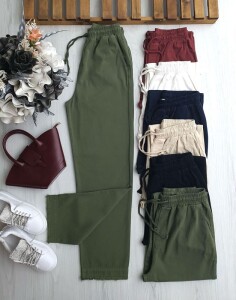 EVLE PAÇALARI PÜSKÜLLÜ BELİ LASTİKLİ BAĞCIKLI ORJİNAL KETEN PANTOLON A9-3 -6065-09-HAKİ - 1