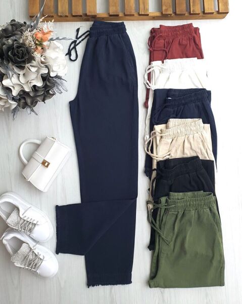 EVLE PAÇALARI PÜSKÜLLÜ BELİ LASTİKLİ BAĞCIKLI ORJİNAL KETEN PANTOLON A9-3-6065-12-LACİVERT - 1