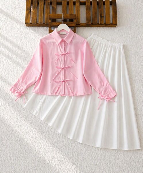 EWYİ KOL VE ÖN BAĞICIK DETAYLI GÖMLEK 5724-05-PUDRA - 1