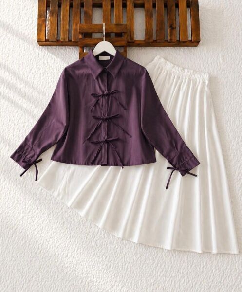 EWYİ KOL VE ÖN BAĞICIK DETAYLI GÖMLEK 5724-18-MÜRDÜM - 1