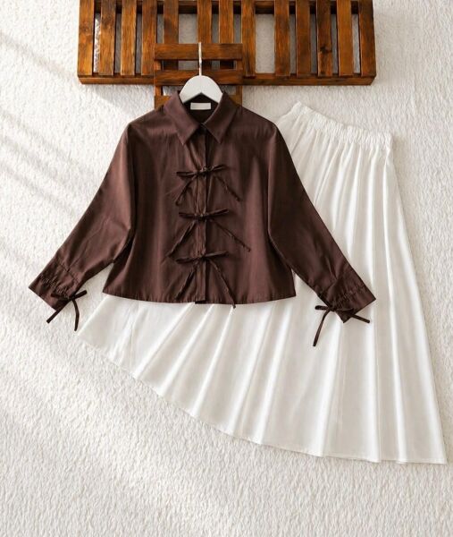 EWYİ KOL VE ÖN BAĞICIK DETAYLI GÖMLEK 5724-37-KAHVE - 1