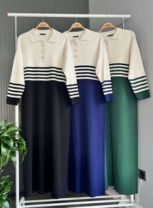 EYA YAKALI DÜĞMELİ ÇİZGİLİ TRİKO ELBİSE A9-5-8116-12-LACİVERT - 1