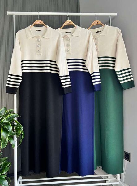 EYA YAKALI DÜĞMELİ ÇİZGİLİ TRİKO ELBİSE A9-5-8116-12-LACİVERT - 1